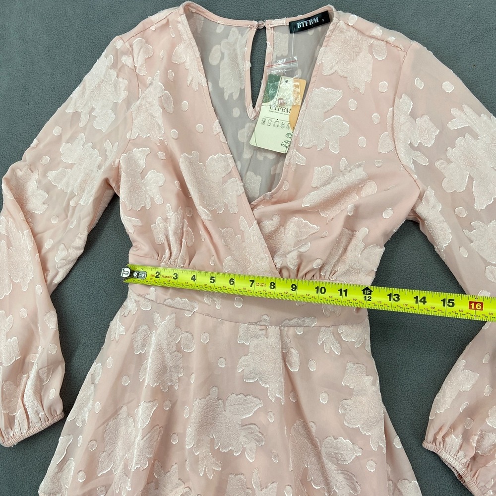 BTFBM Mini Dress Womens Small Dusty Rose Floral Burnout Empire Waist Wrap V Neck - Picture 4 of 10